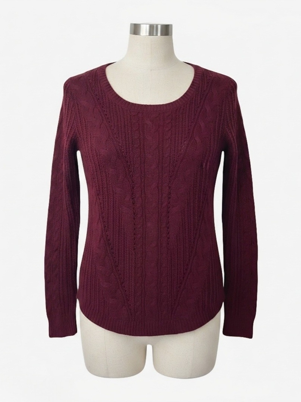 Women's Cable-Knit Crewneck Sweater in Burgundy